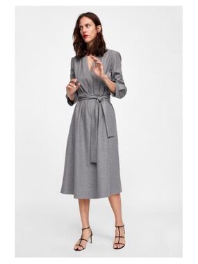Grey Belted Long Sleeves Midi Dress